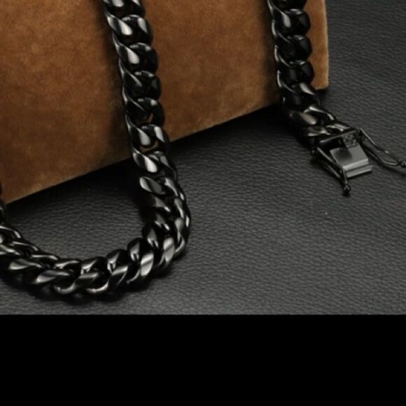 Men’s 15MM Long Cuban Black Stainless Necklace - Picture 3 of 9